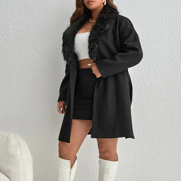 Black Party Women's Plus Borg Collar Belted Overcoat - Picture 4 of 6